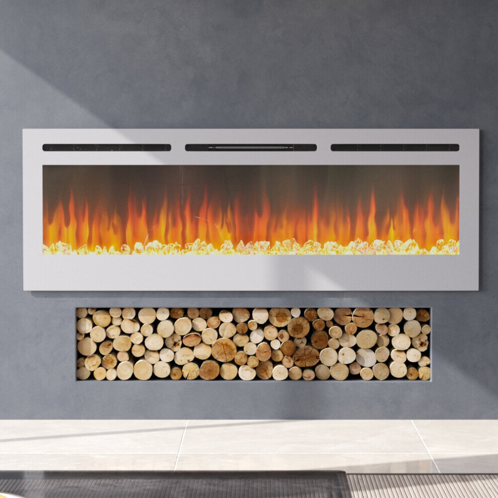 (60 Inch White) Electric Wall Mounted LED Fireplace 12 Color Wall Inset Into Fire