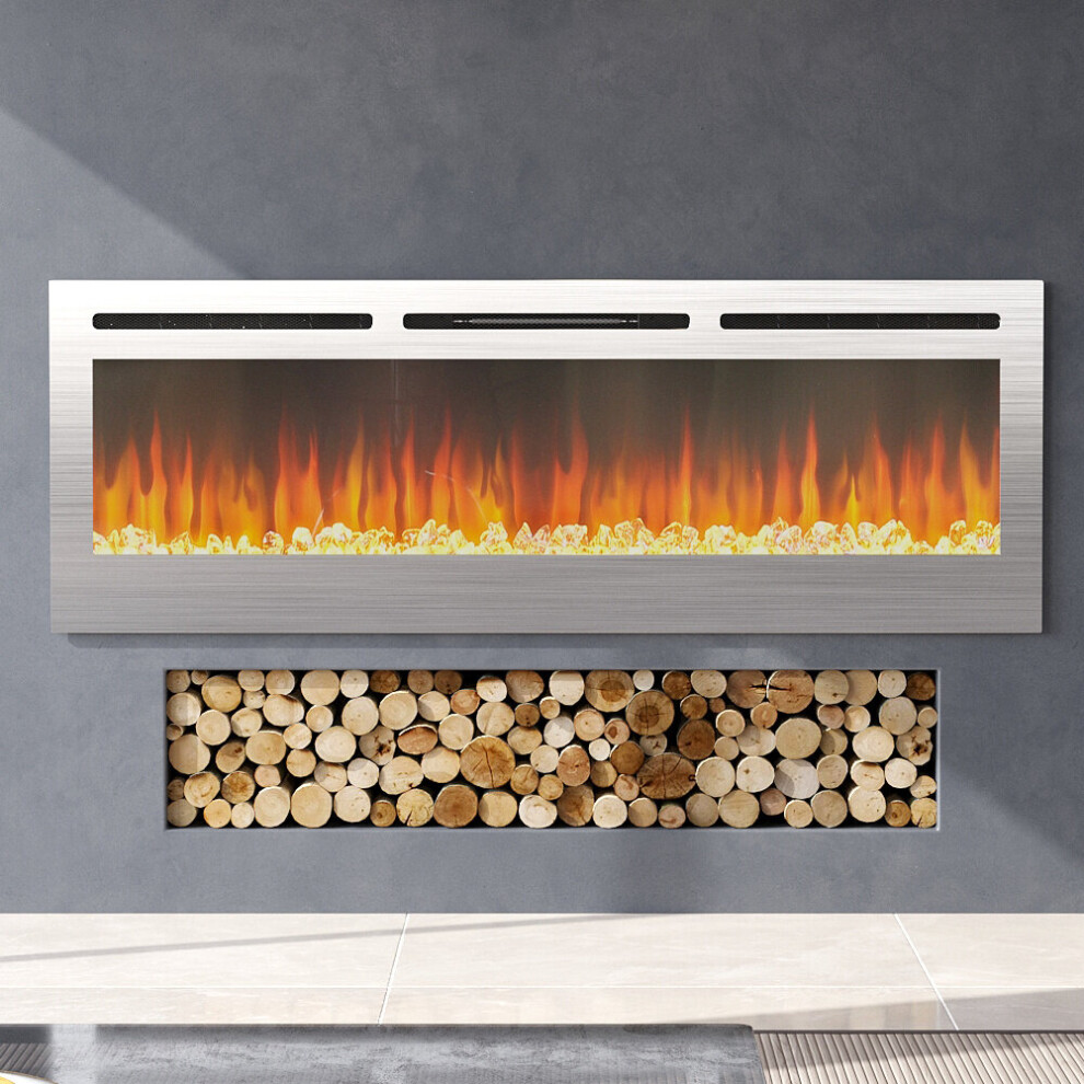 (60 Inch Stainless Steel) Electric Wall Mounted LED Fireplace 12 Color Wall Inset Into Fire