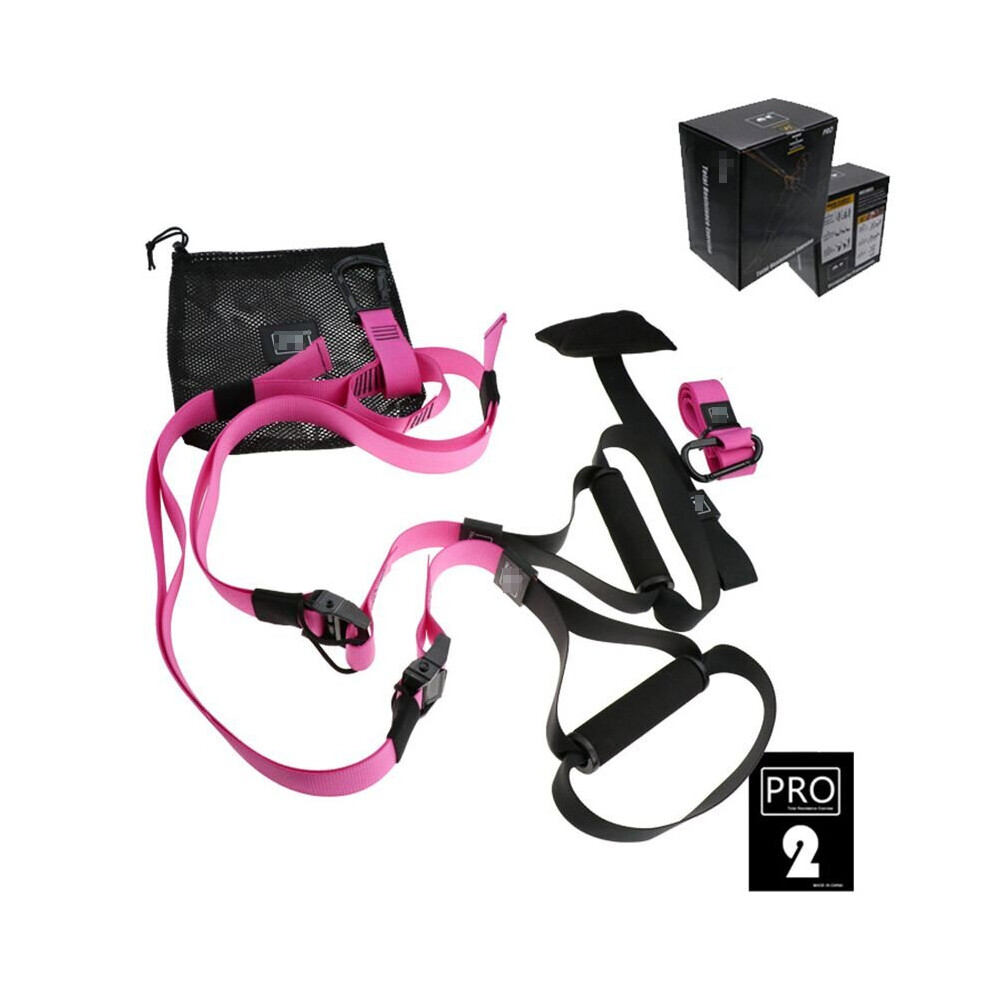 ( Pro 2) Home Gym Suspension Resistance Strength Training Strap Workout Trainer Fitness Pink