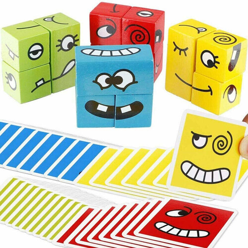 Cube géométrique à faces changeantes avec émojis - puzzle, cubes de construction, jouets interactifs, en bois 1