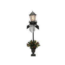 Puleo 274654 4 ft. Prelit Decorative Black Lamp Post with Greenery & Red Berry Accents Plaid Bow, Black & White