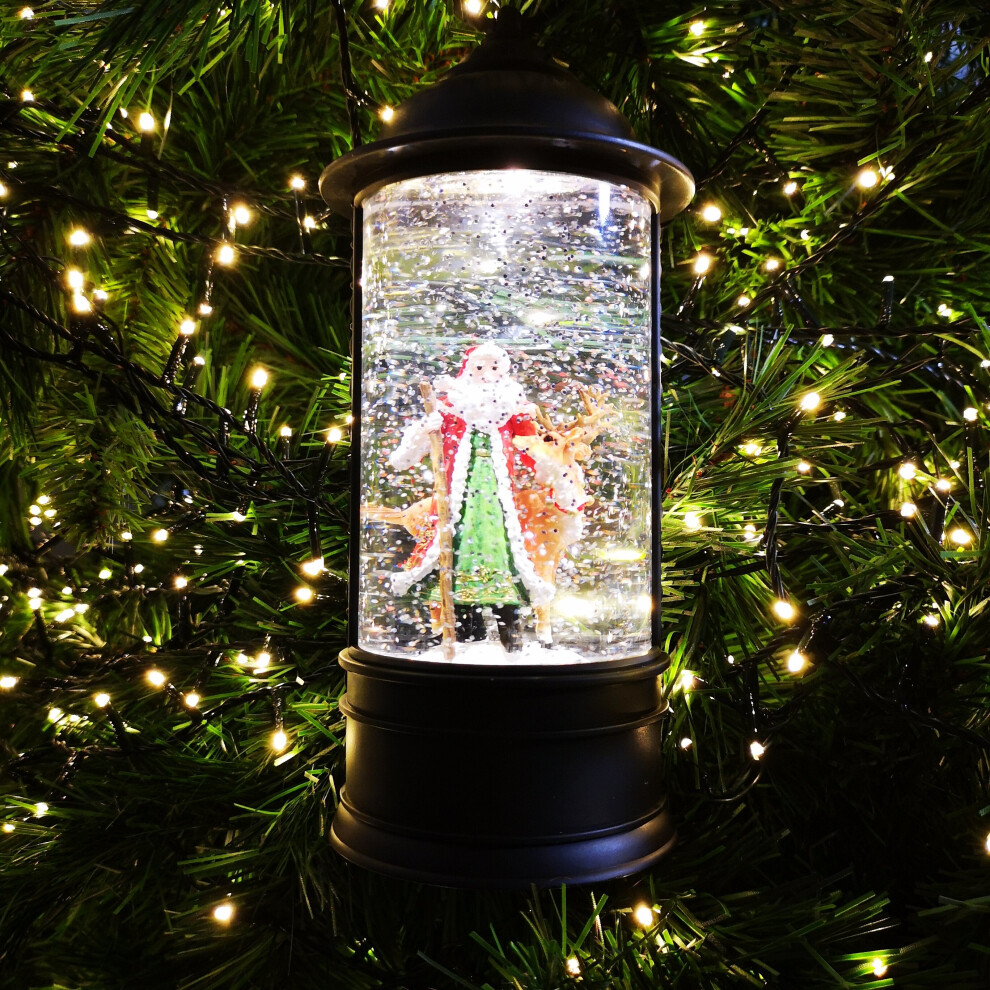 29cm Vintage Black Santa & Reindeer Scene Water Lantern LED Light Up Water Spinner