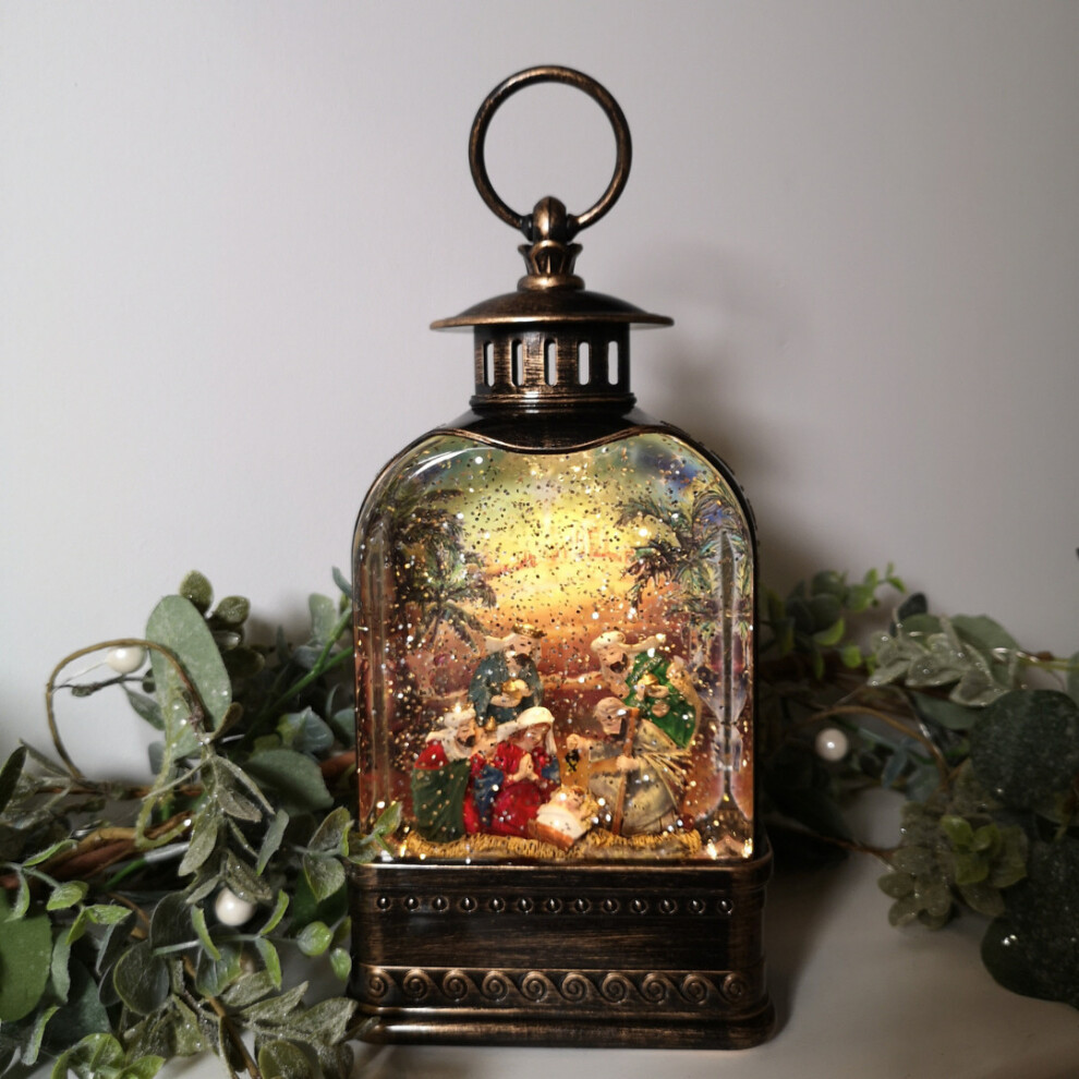 24cm Antique Bronze Christmas Nativity Scene Snow Globe Light Up Water Spinner