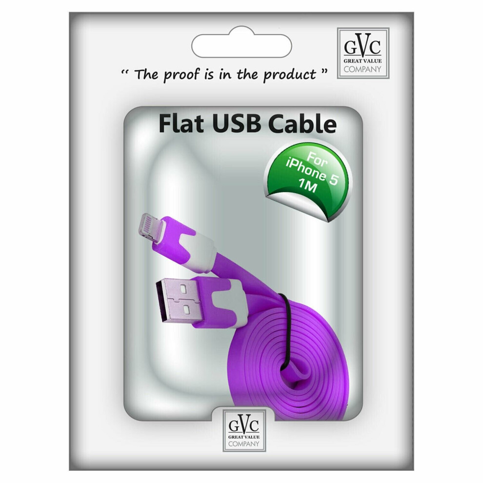 Gvc 1 Metre Tangle Free Flat Usb To 8Pin Cable Sync & Charge, Purple 5055543225941