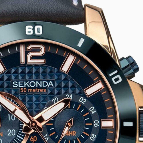 Sekonda 1489 Men s Chronograph Watch Two Tone Case Leather Strap with Blue Dial on OnBuy