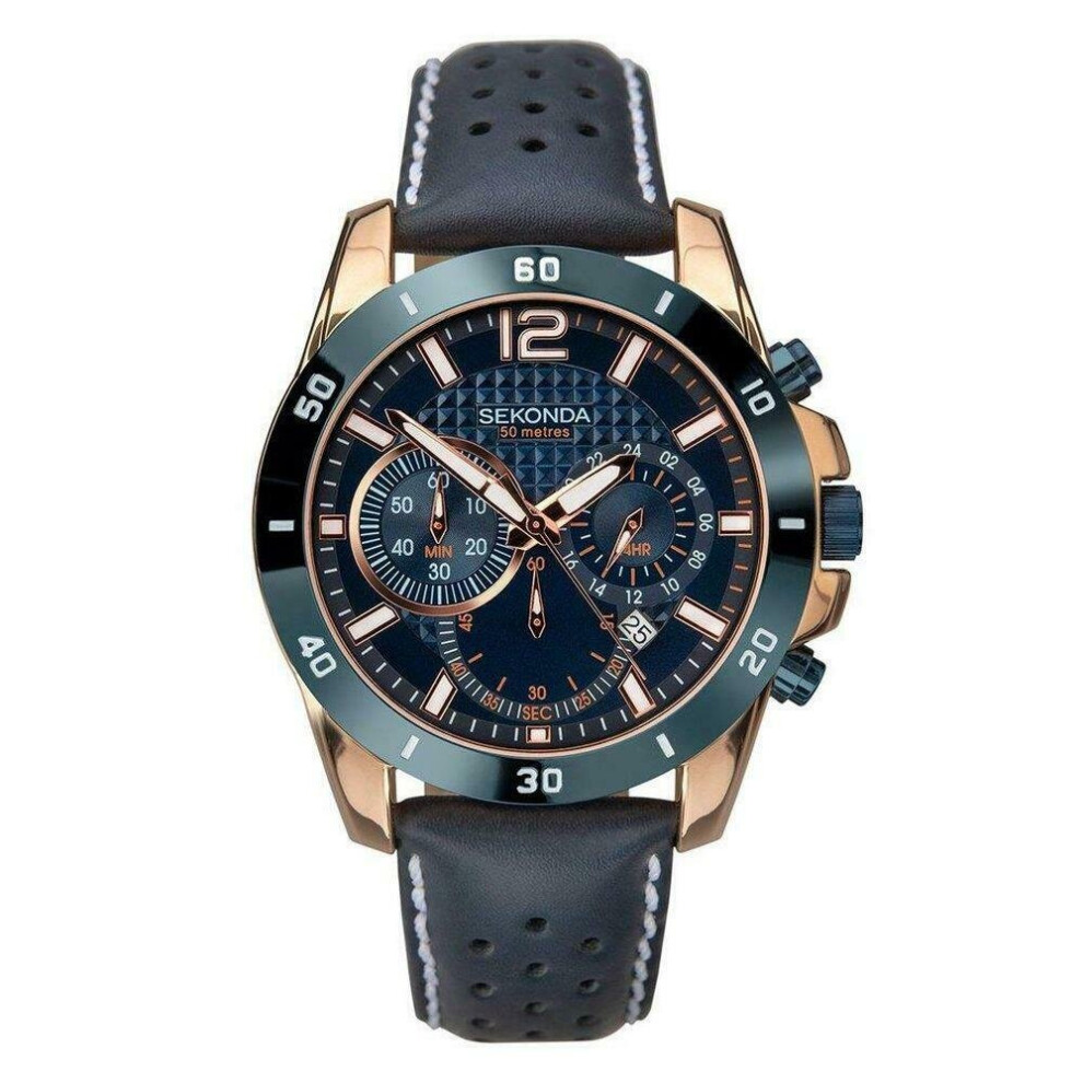 Sekonda 1489 Men's Chronograph Watch Two Tone Case Leather Strap With Dial Blue