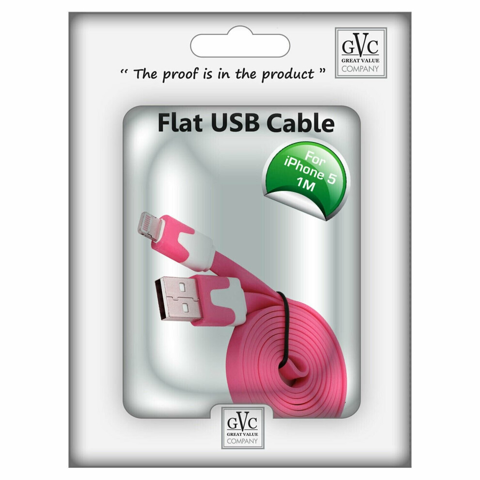 Gvc 1 Metre Tangle Free Flat Usb To 8Pin Cable For Sync & Charge, Pink 5055543225934