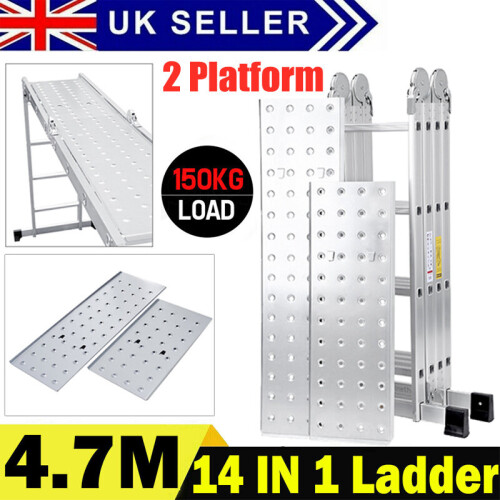 4.7M 14 in 1 Aluminium Folding Ladder Multi-Purpose Step w/2 Platform