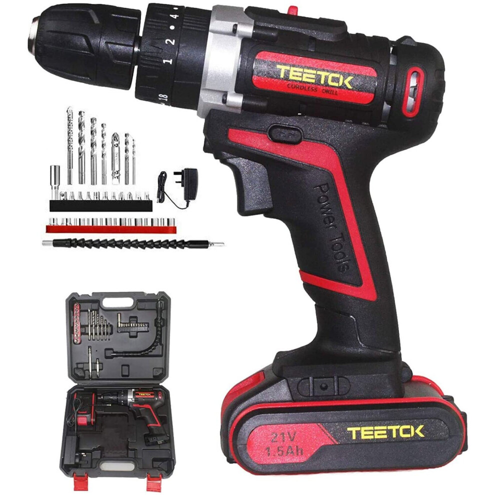 TEETOK 21V Hammer Drill Cordless Impact Driver 30PC Bits1.5A 2Battery