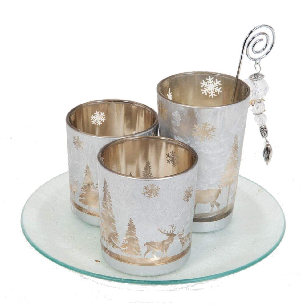 Widdop Christmas Decoration Set of 3 Votive Holders on Glass Tray & Beads