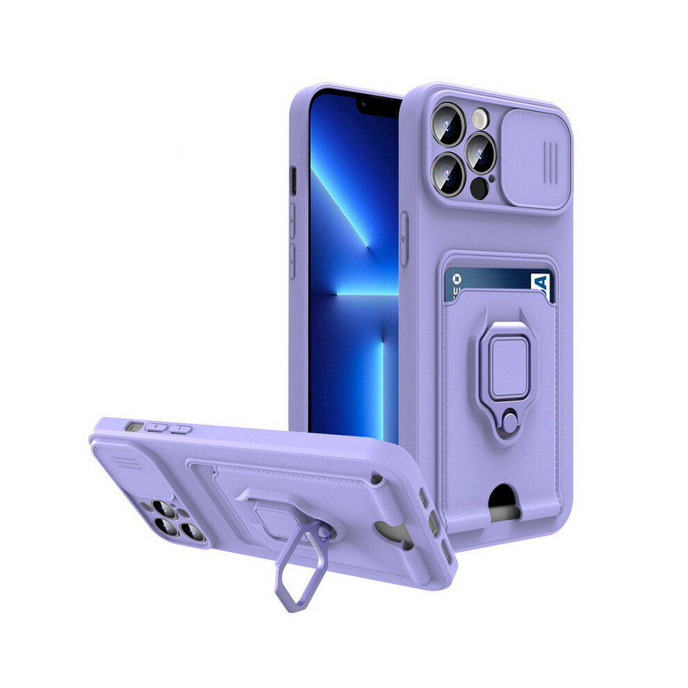 Compatible With iPhone 13 Pro - Purple Multi Function Case with Magnetic Ring Holder Camera Shutter & Card holder-image-OPC-P8NHDPF-NEW