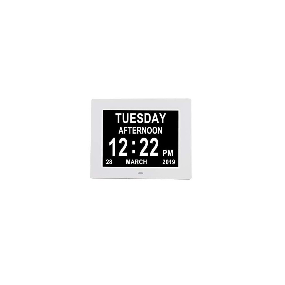 8 Inch Digital Day Calendar Clock- 8 Alarm Reminders Extra Large Non-Abbreviated Day & Month Memory Loss Dementia Vision Impaired Clocks for Senior