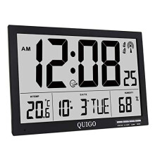 QUIGO Large Digital Wall Clock Radio Controlled Temperature Humidity Alarm Battery Operated Office Living Room Bedroom Desk Black