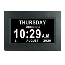 Reloj de 7 pulgadas para demencia con día y fecha brillo automático 12 alarmas día y mes en texto completo formato 12/24 calendario digital
