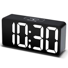 DreamSky Compact Digital Alarm Clock with USB Port for Charging, 0-100% Brightness Dimmer, White Bold Digit Display, 12/24Hr, Snooze, Adjustable Al