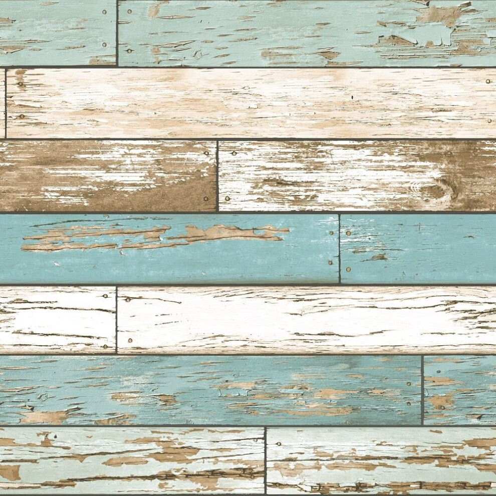 Wood Effect Wallpaper Distressed Scrap Wooden Teal White Brown