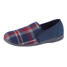 (11 UK, Navy Check) Sleepers Mens Jim Velour Twin Gusset Slippers