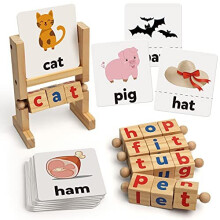Coogam Wooden Reading Blocks Short Vowel Rods Spelling Games, Flash Cards Turning Rotating Letter Puzzle for kids, Sight Words Montessori Spinnin
