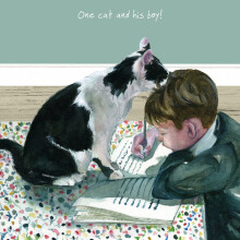 One Cat And His Boy Little Dog Laughed Greeting Card Blank Inside Any Occasion