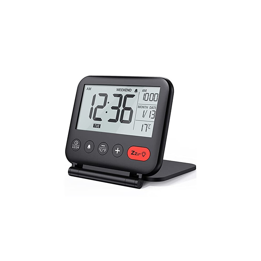 NOKLEAD Digital Travel Alarm Clock  Mini Portable LCD Display Clock with Backlight Calendar Temperature Snooze 12/24H Makeup Mirror, Small Folding