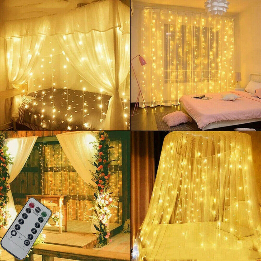 (3X3M Solar Powered Warm White) Solar/Battery Xmas LED String Curtain Fairy Lights