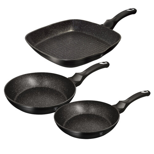 (Black Silver) 3pc Frying Grill Pan Aluminium Non Stick Coating 2