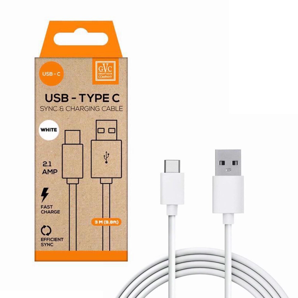 GVC USB to Type C Cable, For Phone, Pad Charging & Syncing, 3M - White