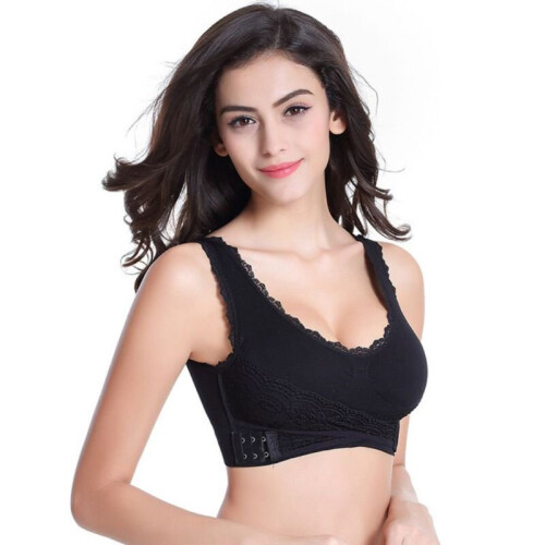 (Black, L) Women Lady Sexy Front Cross Adjustable Side Buckle Lace Vest Wireless Sport Bra