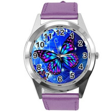TAPORT Purple Leather Round Watch for Butterfly Fans