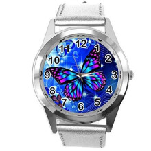 Silver Leather Round Watch for Butterfly Fans