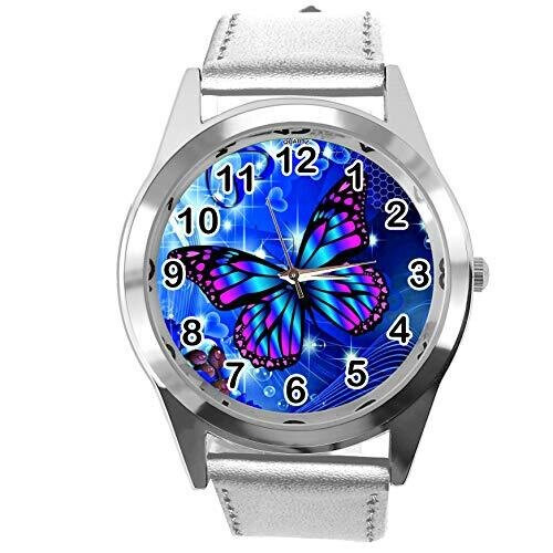 Silver Leather Round Watch for Butterfly Fans