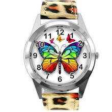 TAPORT Leopard Print Leather Round Watch for Butterfly Fans E2