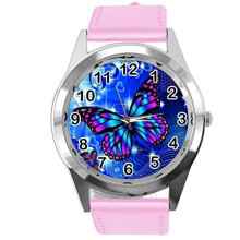 Pink Leather Round Watch for Butterfly Fans