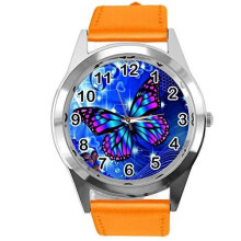 Orange Leather Round Watch for Butterfly Fans