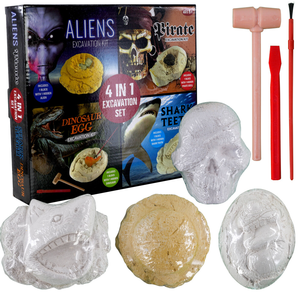 (Boys) The Magic Toy Shop 4 in 1 Excavation Kit Pirate Dinosaur Digging Boys Girls Fairy Jewels Discovery