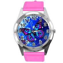 TAPORT HOT Pink Leather Round Watch for Butterfly Fans