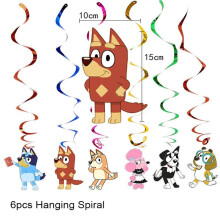 (6pcs-Hanging Spiral) Bluey Theme Kids Birthday Party Supplies Decor Plate Tablecloth Banner Balloon