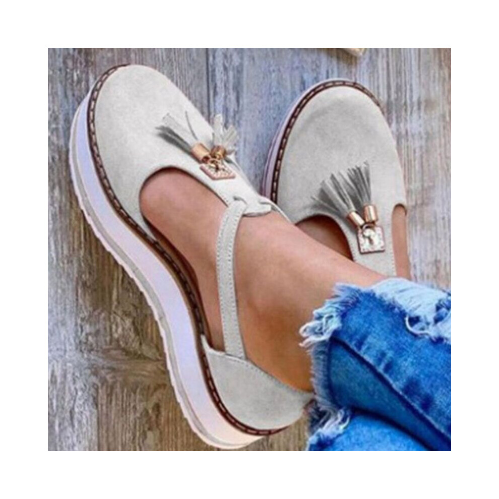 (Beige, EU40) Women Tassel Round Toe Shoes Casual Flats T-Strap Sandals Gladiator Comfort