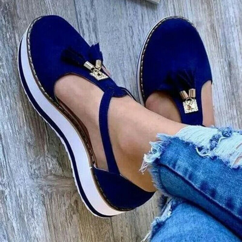 (Blue, EU38) Women Tassel Round Toe Shoes Casual Flats T-Strap Sandals Gladiator Comfort