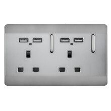 Trendi 2 Gang Artistic Modern 13 Amp 4 x 2.1mA USB Switched Tactile Plug Socket Stainless Steel