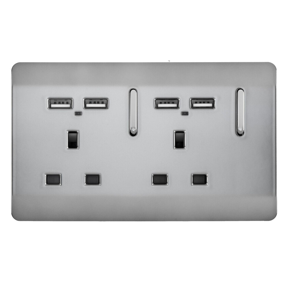 Trendi 2 Gang Artistic Modern 13 Amp 4 x 2.1mA USB Switched Tactile Plug Socket Stainless Steel
