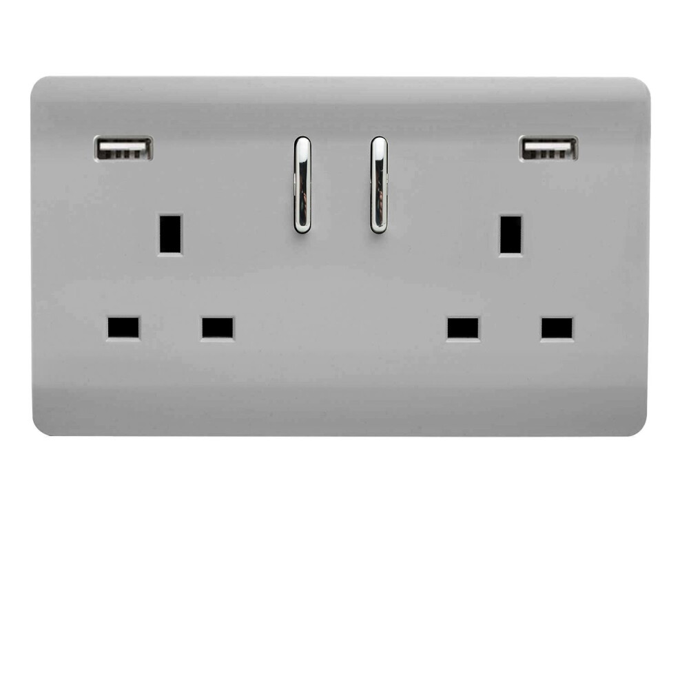 Trendi Switch Trendi 2 Gang Artistic Modern Glossy 13 Amp 2 X 3.1Ma Usb Switched Plug Socket Steel