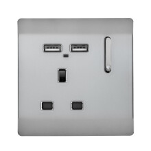 Trendi 1 Gang Artistic Modern Glossy 13 Amp 2 x 2.1mA USB Switched Plug Socket Stainless Steel