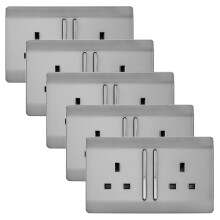 Trendi 2 Gang Artistic Modern Glossy 13 Amp Long Switched Plug Socket Stainless Steel (5 Pack)