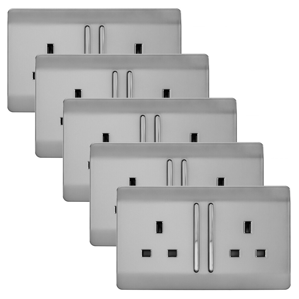 Trendi 2 Gang Artistic Modern Glossy 13 Amp Long Switched Plug Socket Stainless Steel (5 Pack)