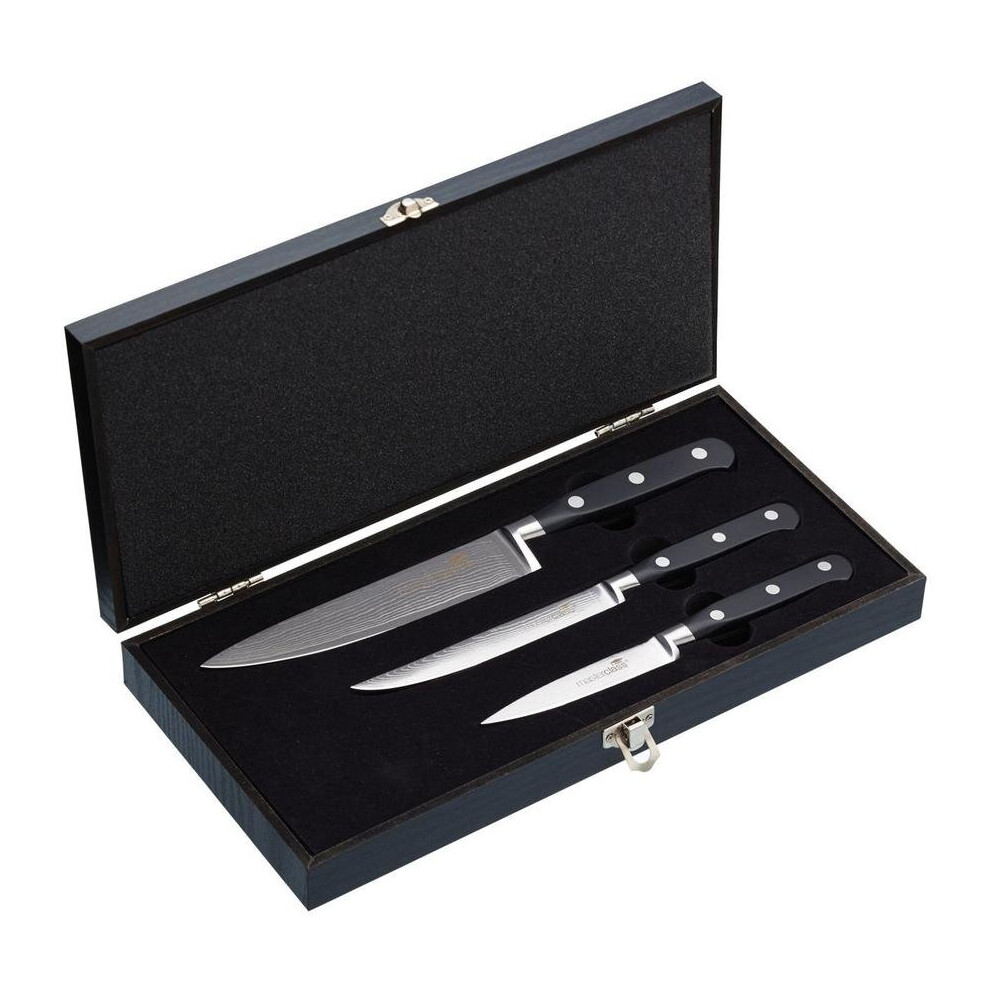 Brand: Q Sharp Damascus Steel 3-Piece Kitchen Knife Set In Wood Box - 9Cm Paring, 12Cm Utility, 15Cm Chef Black