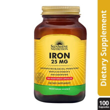 Sunshine Nutrition Iron 25mg Capsules 100s Essential Mineral Supplement to Support Red Blood Cell Production Energy Levels and Fatigue Reduction
