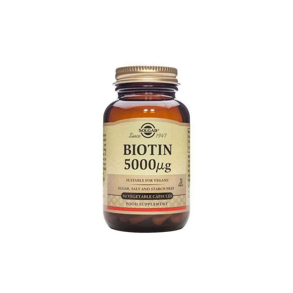 Solgar Biotin 50 Vegetable Capsules Supports Healthy Skin Nails & Hair Non-GMO Vegan Gluten Free Dairy Free, 5000mcg