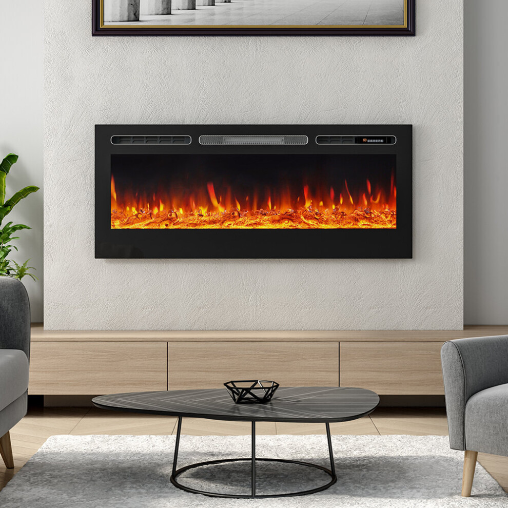 12 Flames LED Wall Recessed Insert In Wide Electric Fire 40" inch Mirrored Black