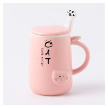 (Pink) Cute Cartoon Cat Cup Ceramic Coffee Mug with Lid, Lovely Stainless Steel Spoon, Ceramic Coffee Cup, Tea Cup, Milk Cup For Present